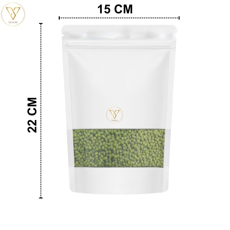VELEXE White Matte Zip Lock Stand Up Pouches | 150mm*220mm | 500 Grams | Pack of 20 | Reusable, Leakproof & Airtight Multi-Purpose Pouches with Self-Sealing Technology - Image 2
