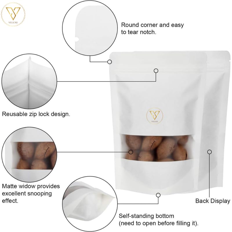 VELEXE White Matte Zip Lock Stand Up Pouches | 150mm*220mm | 500 Grams | Pack of 20 | Reusable, Leakproof & Airtight Multi-Purpose Pouches with Self-Sealing Technology - Image 3