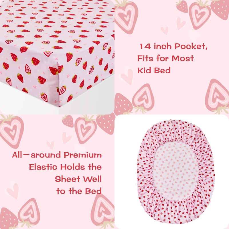 lasoftan Pink Strawberry Printed Kids Sheet Set Twin Size, 3 Pcs Breathable & Silky Soft Microfiber Kids Fitted Sheet, Bed Sheets with 15" Deep Pocket for Boys and Girls - Image 5