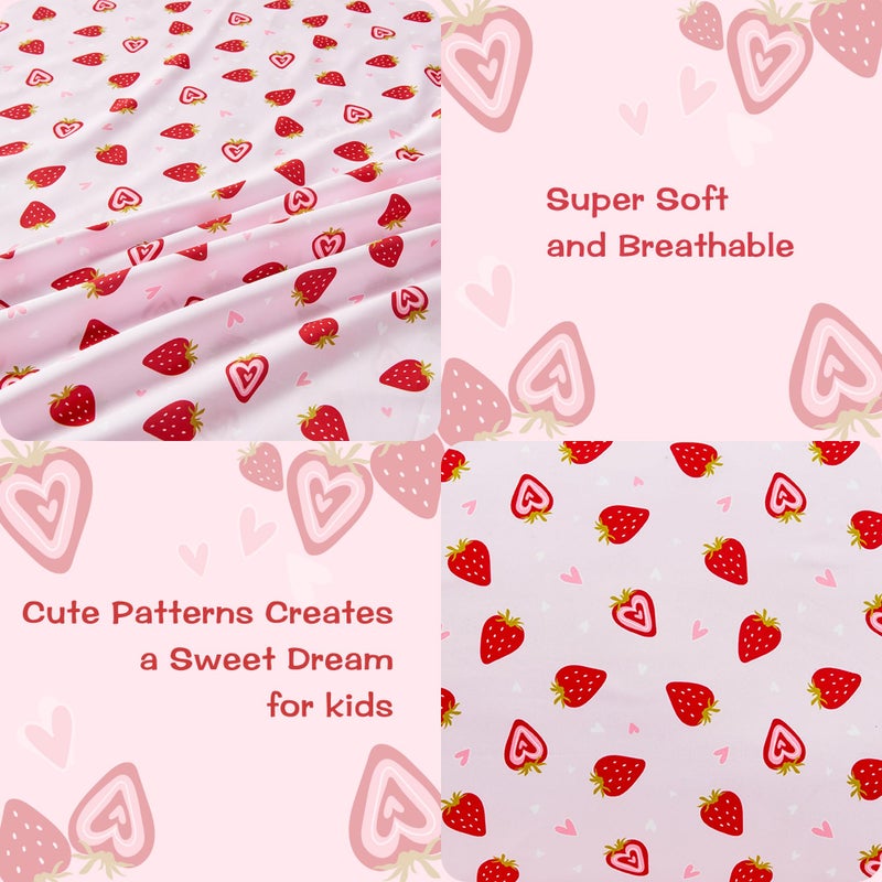 lasoftan Pink Strawberry Printed Kids Sheet Set Twin Size, 3 Pcs Breathable & Silky Soft Microfiber Kids Fitted Sheet, Bed Sheets with 15" Deep Pocket for Boys and Girls - Image 2