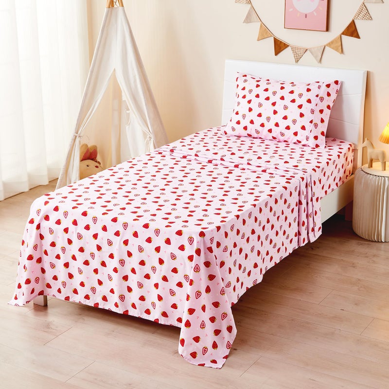 lasoftan Pink Strawberry Printed Kids Sheet Set Twin Size, 3 Pcs Breathable & Silky Soft Microfiber Kids Fitted Sheet, Bed Sheets with 15" Deep Pocket for Boys and Girls - Image 3