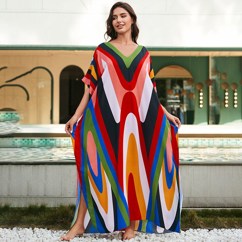 Generic Cross-border European and American rayon tie-dyed beach jumpsuit long dress loose robe bikini swimsuit outer blouse sun protection shirt ZS2277-9 color matching