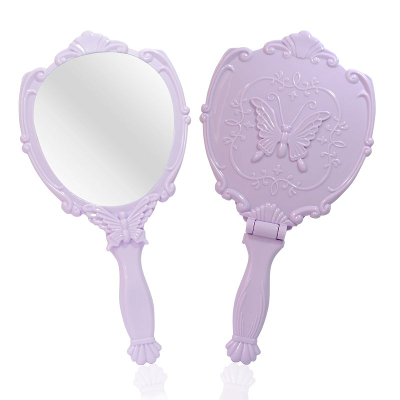VrHere MirriM Embossed Butterfly Handheld Mirror With Folding Handle  Princess Style Girls Mirror With Handle  Purple - Image 1