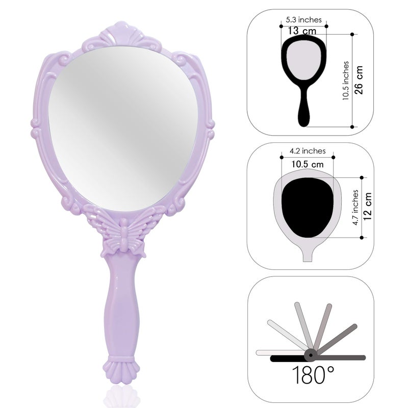 VrHere MirriM Embossed Butterfly Handheld Mirror With Folding Handle  Princess Style Girls Mirror With Handle  Purple - Image 2