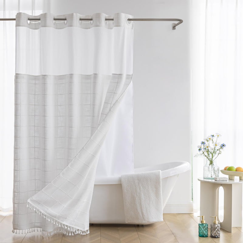 River Dream Farmhouse Shower Curtain with Snap-in Liner, No Hooks Needed ,Fabric Shower Curtains with Tassels for Rustic Bathroom Decor,with Window,with Magnets,Water Repellent&Machine Washable,White,71x74Inch - Image 1