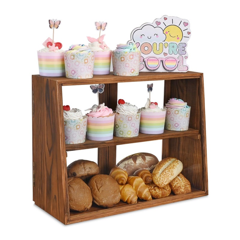 MOOCA Wood and Glass Display Case with Double Doors, Adjustable 2-Level Collection Display Case for Mini Funko Pop Figures, Bakery Pastry Container, Jewelry Organizer Storage, Brown Color - Image 3