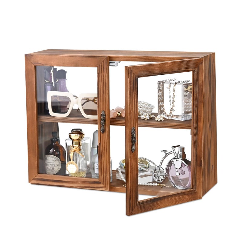 MOOCA Wood and Glass Display Case with Double Doors, Adjustable 2-Level Collection Display Case for Mini Funko Pop Figures, Bakery Pastry Container, Jewelry Organizer Storage, Brown Color - Image 1