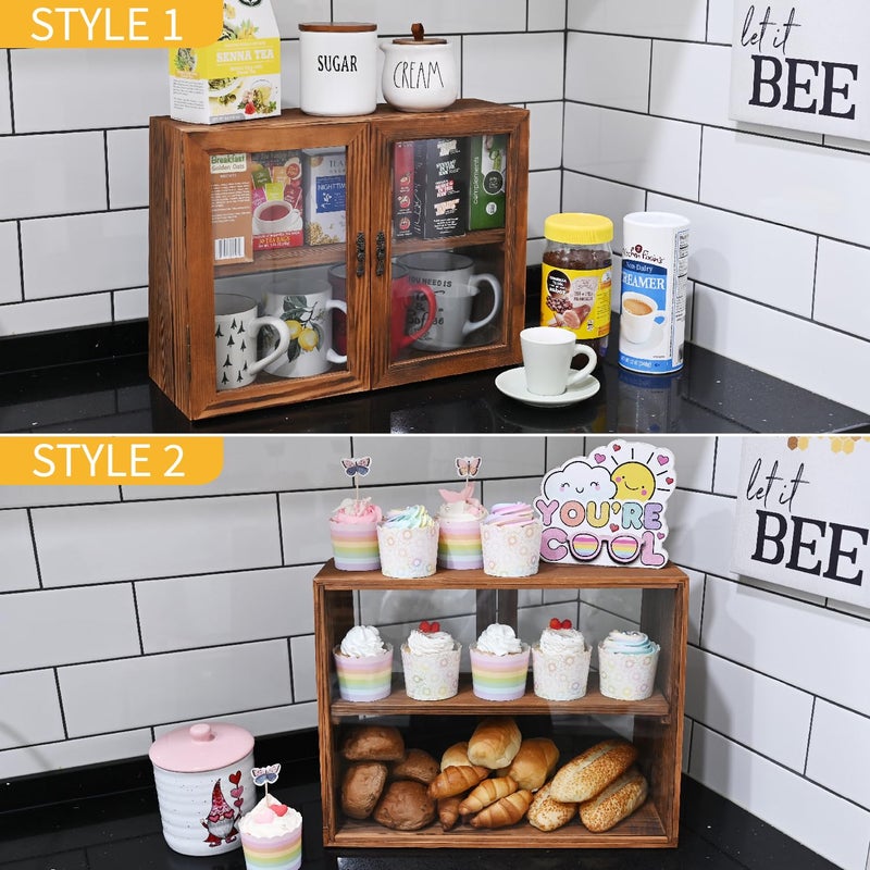 MOOCA Wood and Glass Display Case with Double Doors, Adjustable 2-Level Collection Display Case for Mini Funko Pop Figures, Bakery Pastry Container, Jewelry Organizer Storage, Brown Color - Image 5