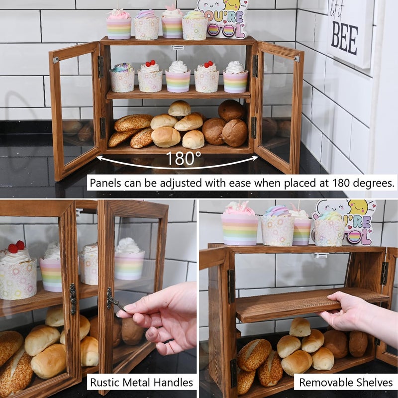MOOCA Wood and Glass Display Case with Double Doors, Adjustable 2-Level Collection Display Case for Mini Funko Pop Figures, Bakery Pastry Container, Jewelry Organizer Storage, Brown Color - Image 4