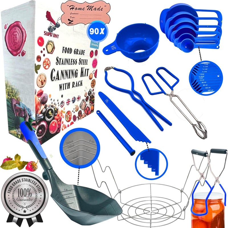 Supa Ant Blue Canning Supplies Starter Kit-10 pc Canner Accessories with Canning Rack for Jars, XL Ladle, Wide Mouth Jar Funnel, Jar Lifter & Wrench, Bubble Popper/Measurer, Lid Lifter, Kitchen Tongs - Image 1