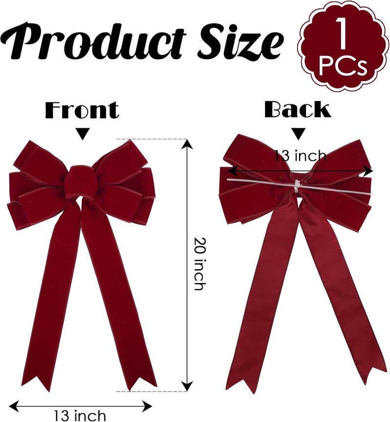 LiBongTa 13" Red Bow Pre-Tied Bow for Christmas Tree, Red Velvet Ribbon Bow for Wreaths, Tree Toppers Bow, Premade Bow, Gift Bow for Party Favor, Christmas Home Indoor Outdoor Decor-1 Counts - Image 2