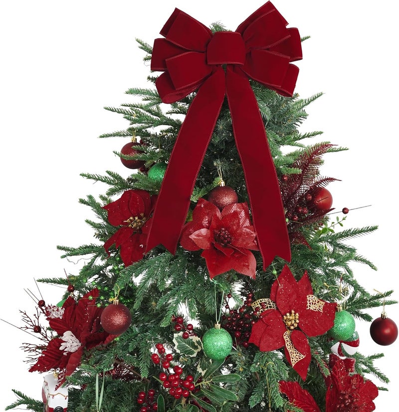 LiBongTa 13" Red Bow Pre-Tied Bow for Christmas Tree, Red Velvet Ribbon Bow for Wreaths, Tree Toppers Bow, Premade Bow, Gift Bow for Party Favor, Christmas Home Indoor Outdoor Decor-1 Counts - Image 1