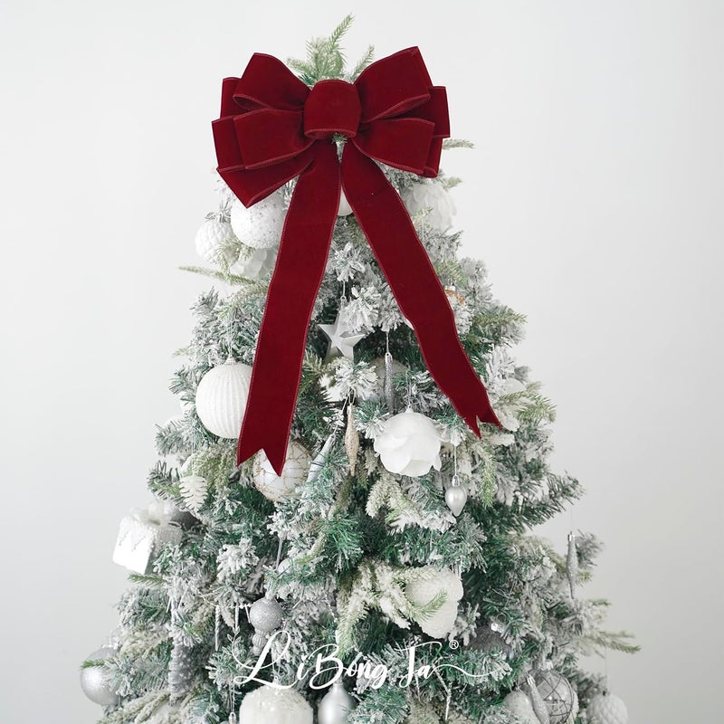 LiBongTa 13" Red Bow Pre-Tied Bow for Christmas Tree, Red Velvet Ribbon Bow for Wreaths, Tree Toppers Bow, Premade Bow, Gift Bow for Party Favor, Christmas Home Indoor Outdoor Decor-1 Counts - Image 5