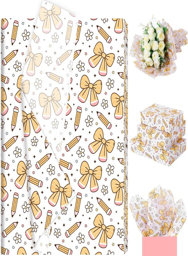 Fabllewavi 100 Sheets Bow and Pencil Tissue Paper, Pencil Daisy Patterns Wrapping Tissue for Back to School Activities DIY Crafts Preschool Classroom Gift Flower Wrapping Supplies, 13.8 x 19.7 Inch - Image 1