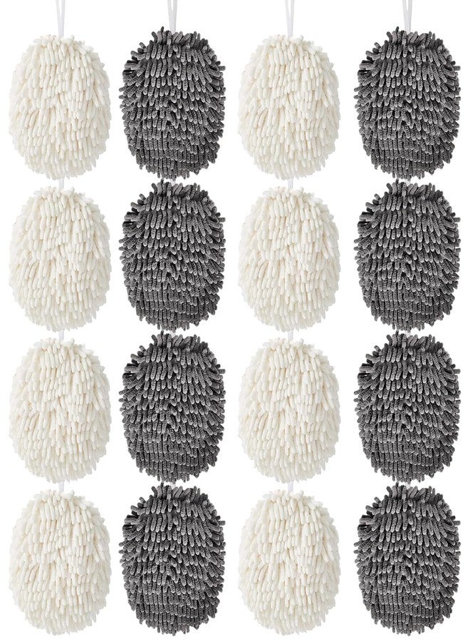 High-PQ 16-Pack Chenille Fuzzy Ball Hand Towels, 7.1 Inch Soft Absorbent Microfiber Towels, Quick-Dry Cleaning Cloths for Kitchen, Home, Bathroom, Hanging Towels (8 White & 8 Grey) - Image 1