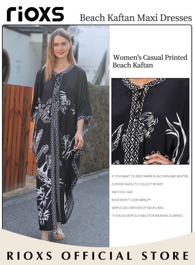 RIOXS Women's Casual Printed Beach Cover Ups Short Sleeve Kimono Cardigan Loose Beach Swimsuit Dress - Image 3