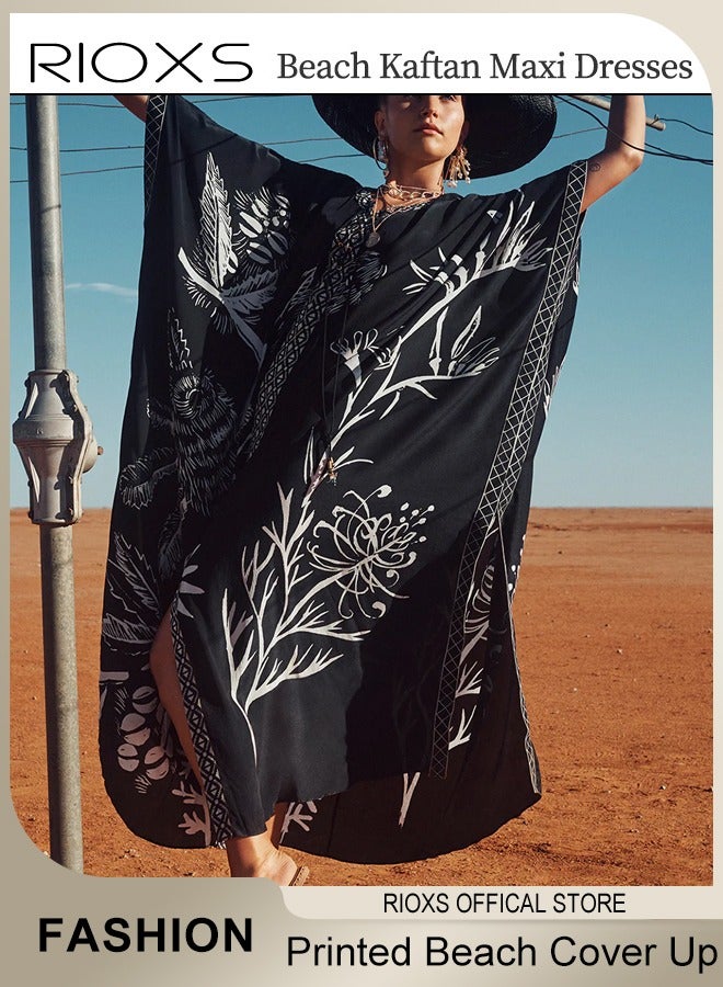 RIOXS Women's Casual Printed Beach Cover Ups Short Sleeve Kimono Cardigan Loose Beach Swimsuit Dress - Image 4