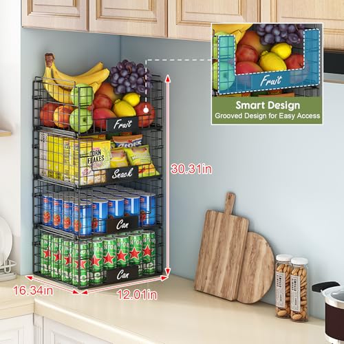 JKsmart 4 Pack XXL Stackable Wire Baskets with Handles for Pantry Storage and Organization,Fruit and Vegetable Basket with Name Plates,Metal Storage Bins for Snack Can Fruit Veggies - Image 2