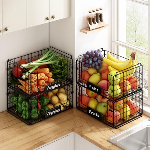 JKsmart 4 Pack XXL Stackable Wire Baskets with Handles for Pantry Storage and Organization,Fruit and Vegetable Basket with Name Plates,Metal Storage Bins for Snack Can Fruit Veggies - Image 3