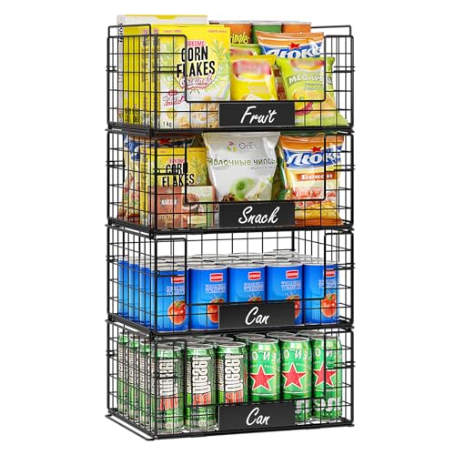 JKsmart 4 Pack XXL Stackable Wire Baskets with Handles for Pantry Storage and Organization,Fruit and Vegetable Basket with Name Plates,Metal Storage Bins for Snack Can Fruit Veggies - Image 1