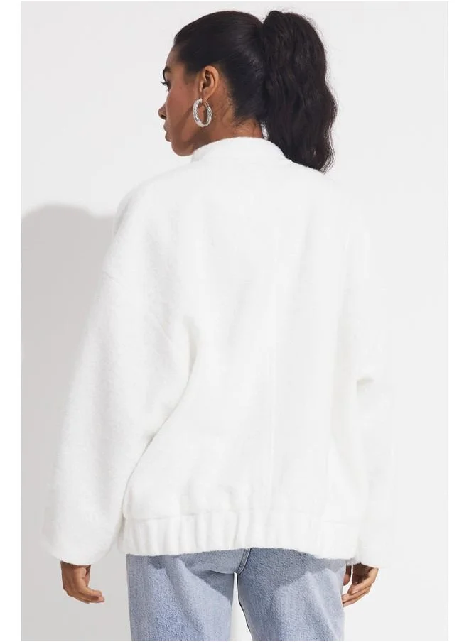 جون June Exclusive Wool Blend Plush Bomber Jacket White