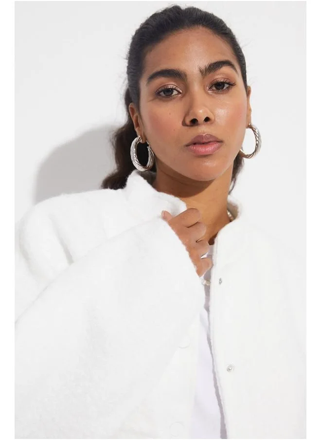 جون June Exclusive Wool Blend Plush Bomber Jacket White