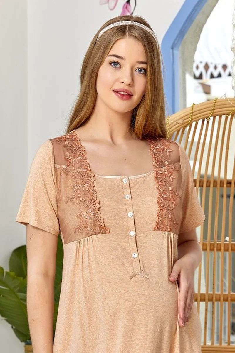 Cossy By Aqua 22521 Pregnant Postpartum Short Sleeve Nightgown-Cinnamon