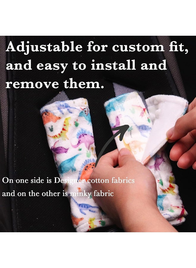 SWESEN Baby Car Seat Belt Covers for Boys and Girls, Carseat Shoulder Padding, Soft Car Seat Neck Cover, Minky Car Seat Straps Shoulder Pads, Dinosaur Stroller Strap Cover for Baby Kids, White - Image 2
