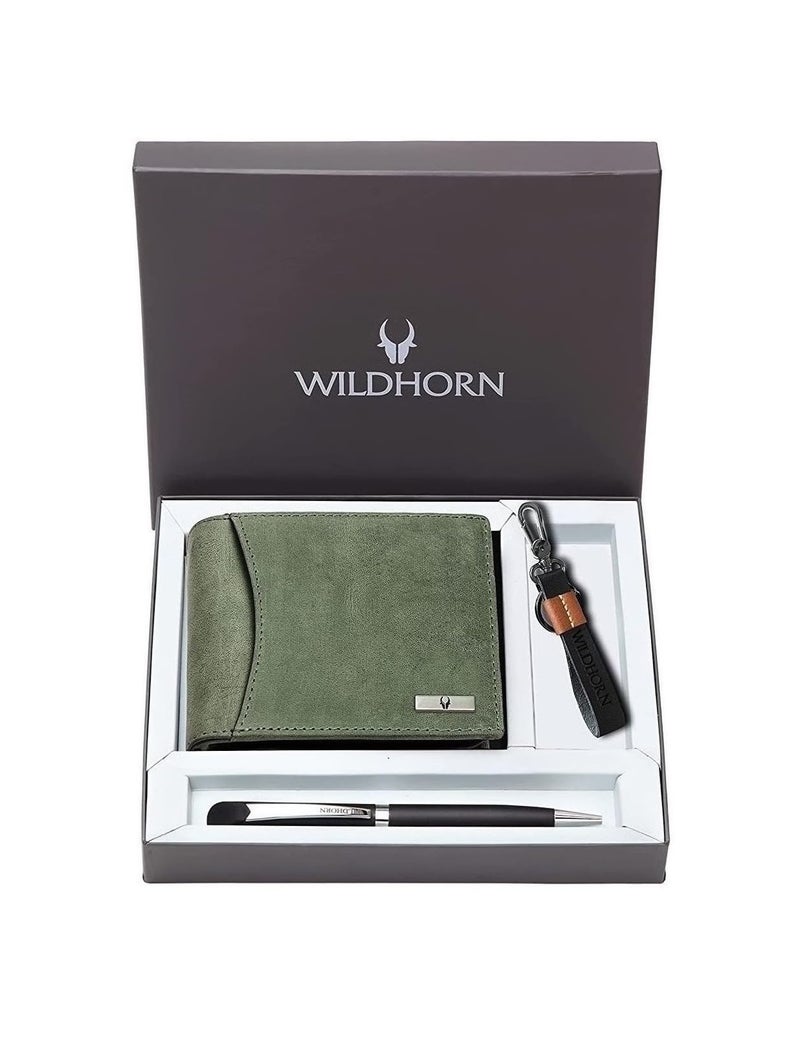 WildHorn Gift Hamper for Men I Leather Wallet, Keychain & Pen Combo Gift Set I Gift for Friend, Boyfriend,Husband,Father, Son etc (Green H M) - Image 1