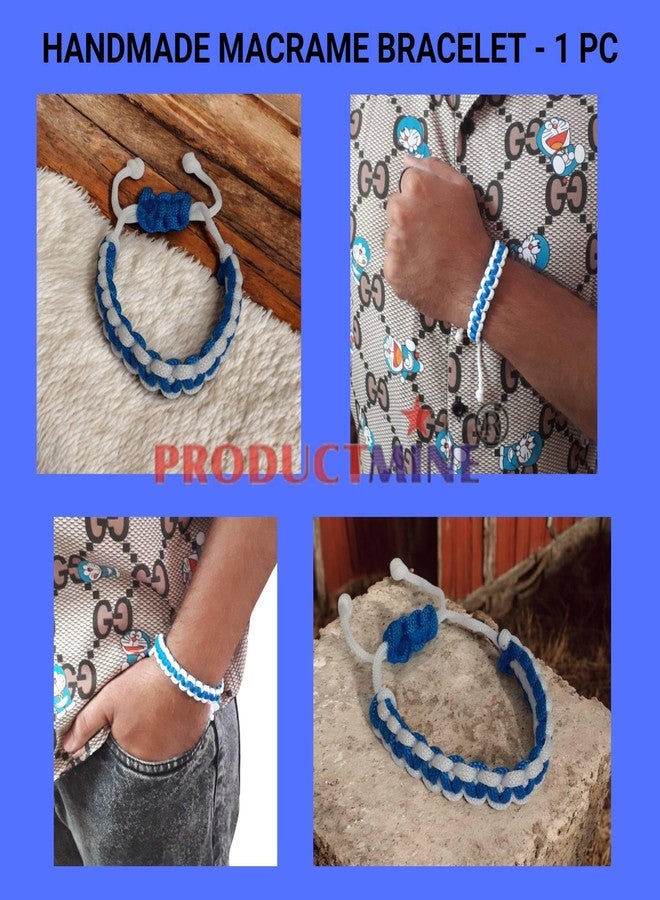 PRODUCTMINE سوار PRODUCTMINE® مصنوع يدويًا، سوار معصم قابل للتعديل، سوار صداقة للنساء والرجال، لطيف على البشرة - أزرق وأبيض - Image 4