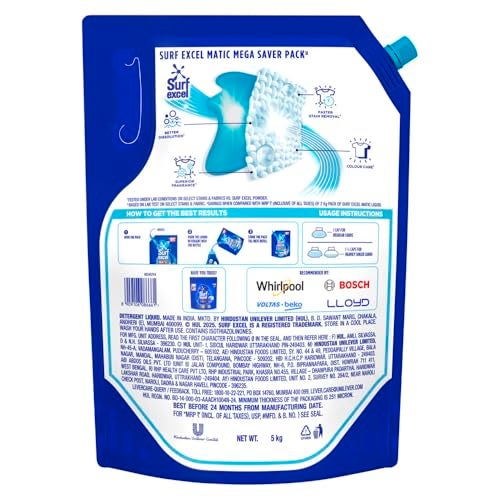 Surf Excel Matic Top Load Liquid Detergent 5Kg Refill Pouch, Specially designed to remove Tough Dried Stains, 1st time in Washing Machine - Image 2