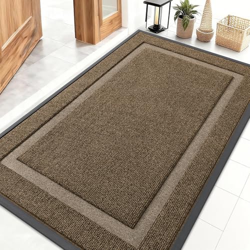 OLANLY Front Door Mat Indoor Outdoor Entrance Waterproof AllSeason AllWeather Doormat Sturdy Natural Rubber Fade Resistant Low Profile Easy Clean Patio Porch Entryway Mat 47x32 Brown