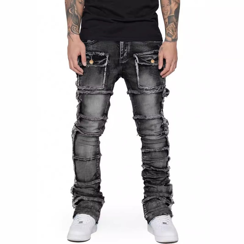 Mens Fashion Elastic Patch Jeans Grey  - Image 2