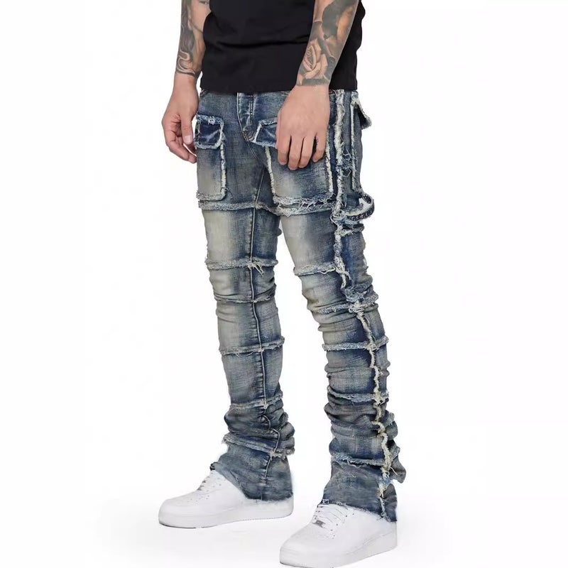 Mens Fashion Elastic Patch Jeans Grey  - Image 5