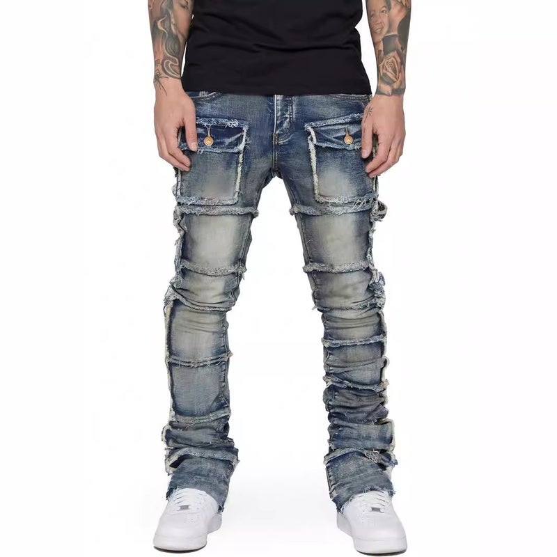 Mens Fashion Elastic Patch Jeans Grey  - Image 4