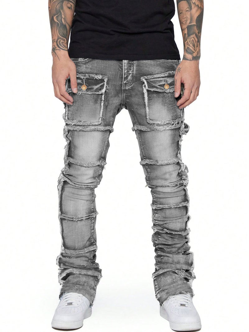 Mens Fashion Elastic Patch Jeans Grey  - Image 1