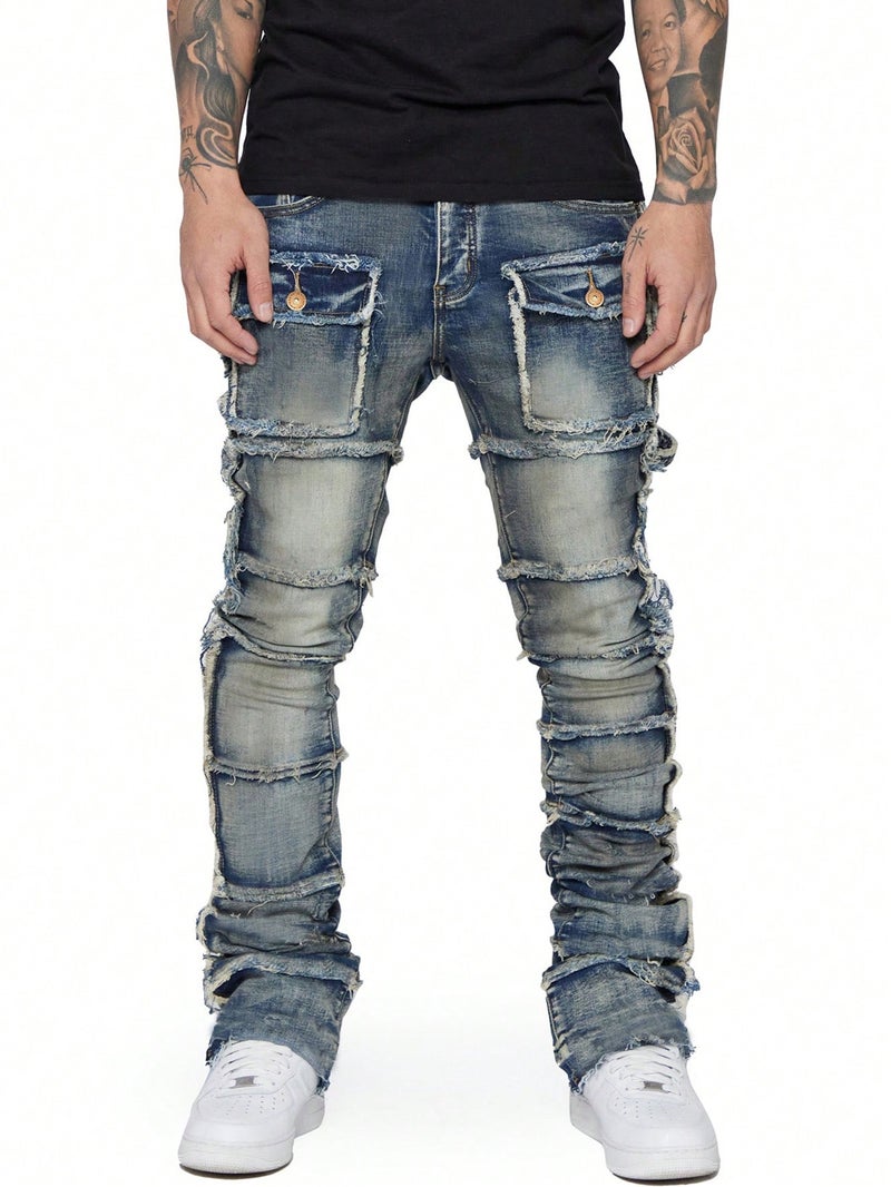 Mens Fashion Elastic Patch Jeans Grey  - Image 3