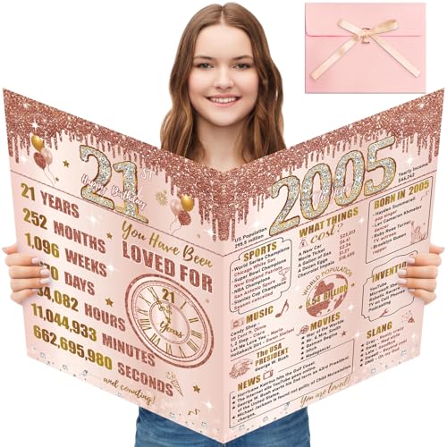 Turypaty Large 21st Birthday Card With Envelope for Girls Pink Rose Gold The Year 2005 Happy 21st Birthday Giant Guest Signature Book Gift Extra Big Twenty one Greeting Card Decoration Party Supply - Image 1
