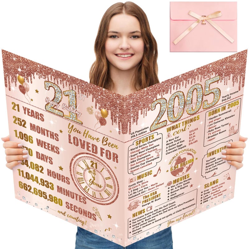 Turypaty Large 21st Birthday Card With Envelope for Girls Pink Rose Gold The Year 2005 Happy 21st Birthday Giant Guest Signature Book Gift Extra Big Twenty one Greeting Card Decoration Party Supply - Image 2