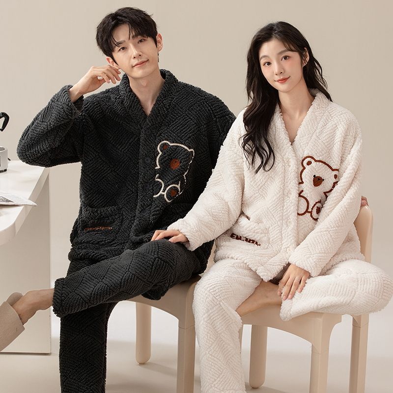 Couple Coral Fleece Pajamas Women'S Cartoon Casual Warm Men'S Home Clothes Outer Wearing Suit - Image 3