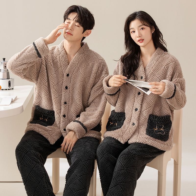 Couple Coral Fleece Pajamas Women'S Cartoon Casual Warm Men'S Home Clothes Outer Wearing Suit - Image 2