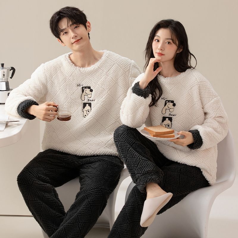 Couple Coral Fleece Pajamas Women'S Cartoon Casual Warm Men'S Home Clothes Outer Wearing Suit - Image 4