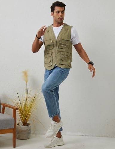 Gihuo Men's Fishing Vest Utility Travel Safari Cargo Outdoor Work Photo Fly Vest with Multi Pockets Sleeveless Jacket (XXL, Beige) - Image 3