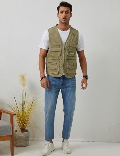 Gihuo Men's Fishing Vest Utility Travel Safari Cargo Outdoor Work Photo Fly Vest with Multi Pockets Sleeveless Jacket (XXL, Beige) - Image 5