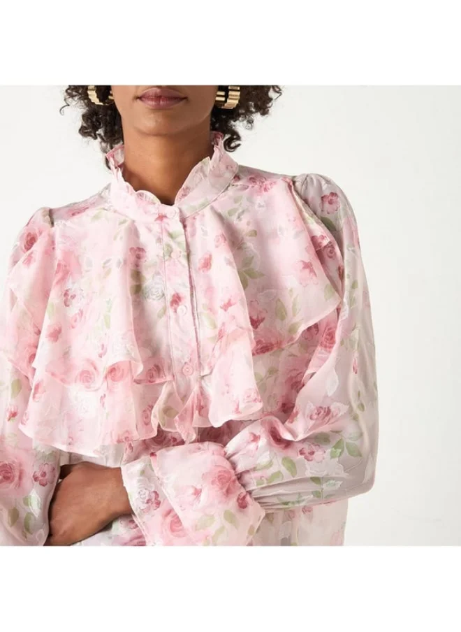 2Xtremz 2Xtremz All-Over Floral Print Top with Long Sleeves and Ruffle Detail