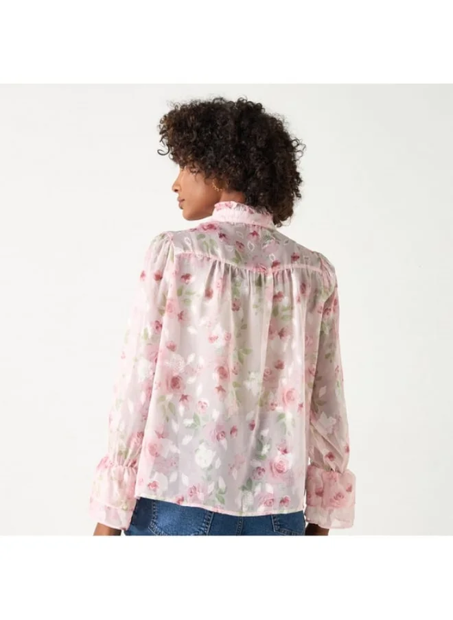 2Xtremz 2Xtremz All-Over Floral Print Top with Long Sleeves and Ruffle Detail