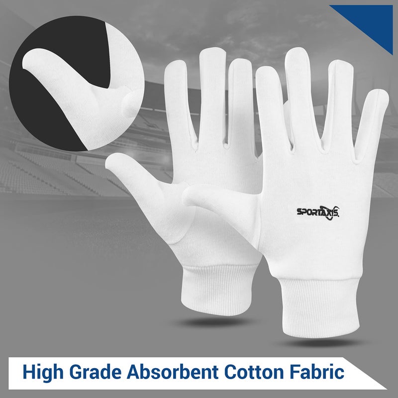 SPORTAXIS 100% Cotton Inner Gloves for Cricket Batting and Wicket Keeping - Comfortable, Breathable, and Durable - White, Full Coverage for Enhanced Protection - Lightweight - Image 2
