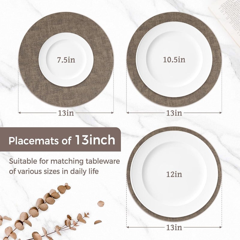 NCUE 13" Round Placemats Set of 12, Reversible Faux Leather Heat Resistant Table Mats, 100% Waterproof Oilproof Wipeable Table Protective Placemats for Vinyl, Washable for Indoor (12, Dark Coffee) - Image 2