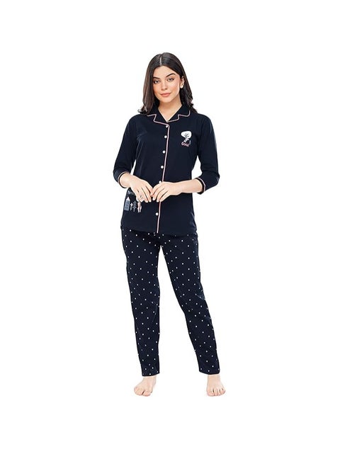 Women's Cotton Dot Printed Pajama Set Night Suit Set of Shirt & Pyjama