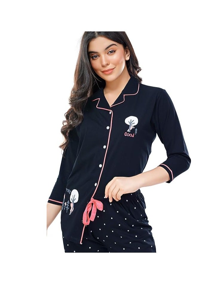 Women's Cotton Dot Printed Pajama Set Night Suit Set of Shirt & Pyjama